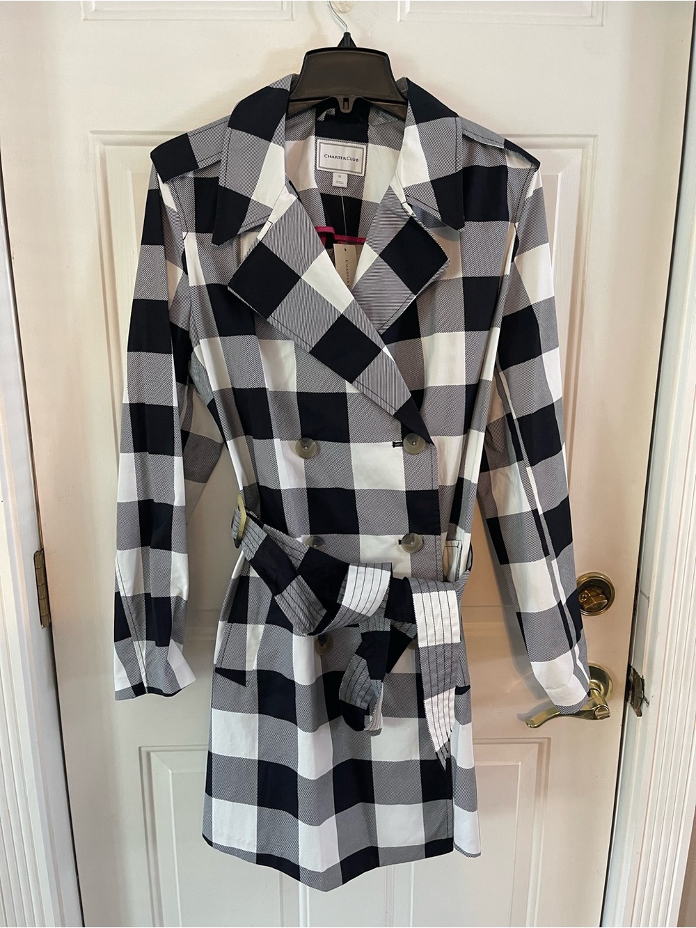 Charter Club Black & White Buffalo Check Belted Trench NWT
